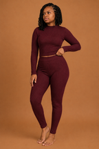 Ribbed Mock Neck Legging Set - Burgundy