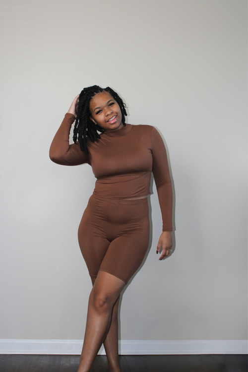 medium brown long sleeve mock neck biker set