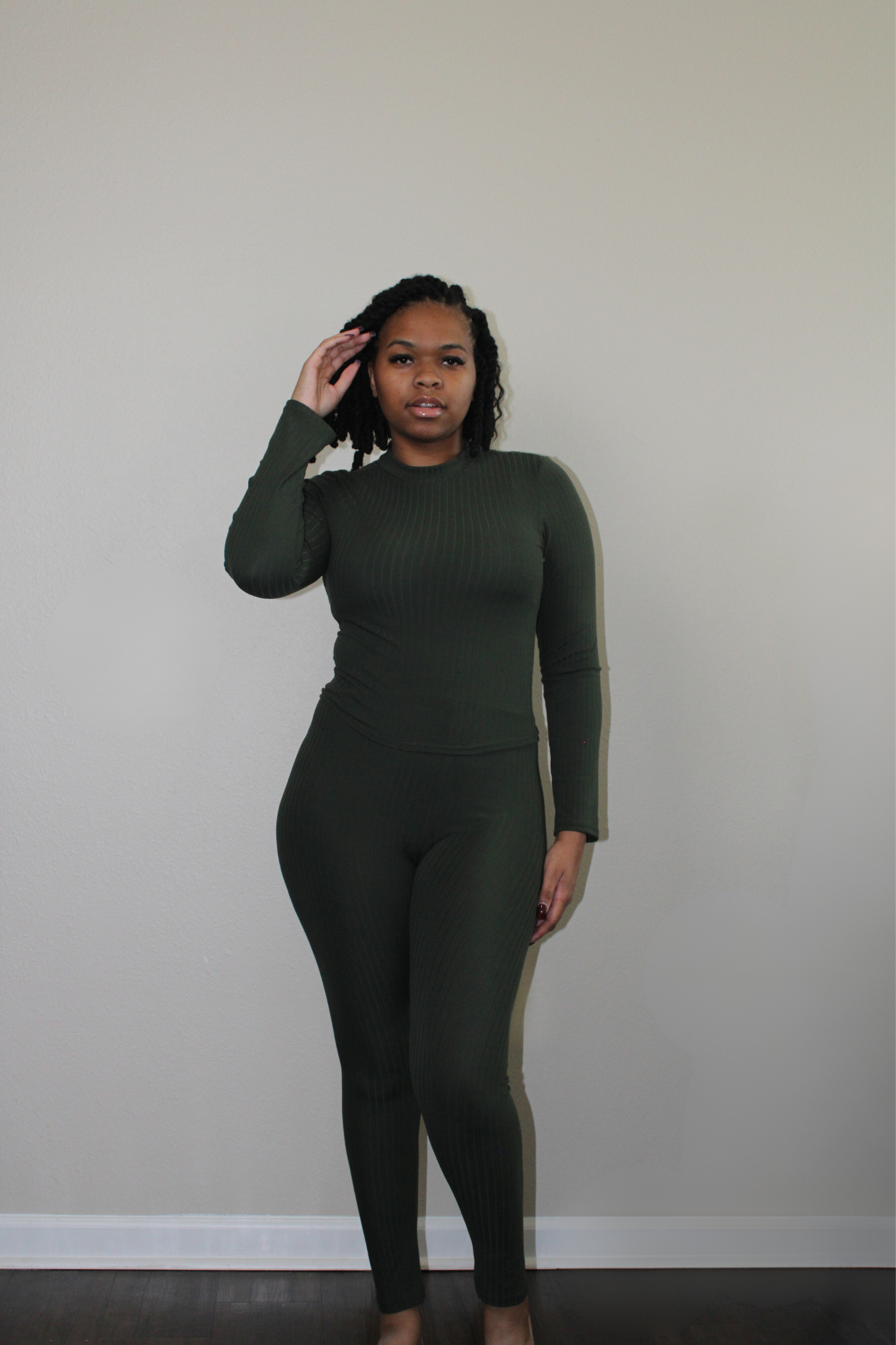 olive ribbed mock neck legging set 