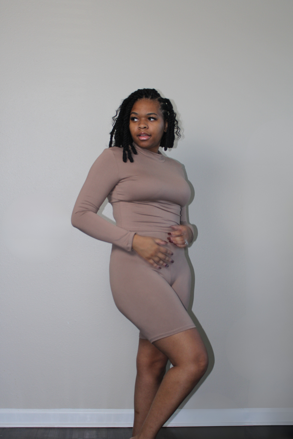 taupe long sleeve mock neck biker set